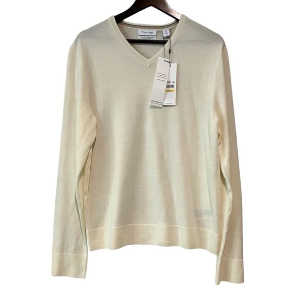 NWT Calvin Klein Cream V-Neck Merino Wool Washable Pullover Sweater Men's Size M - Picture 1 of 15